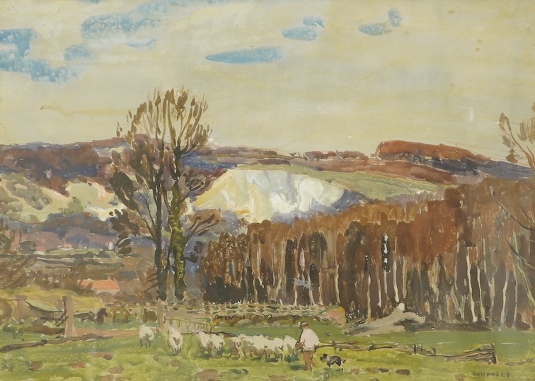 Albert Ernest Bottomley (1873-1950), Landscape with shepherd and flock of sheep, signed, watercolour, 25 x 24cm